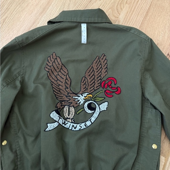 TWINSET 100% Cotton Olive Military Green Zip Jacket Eagle Embroidered Size M - Picture 9 of 12